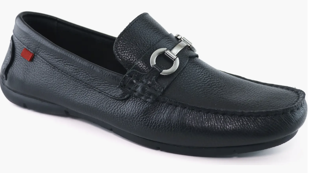 Black leather men's loafer with metal buckle detail and slip-on design on white background