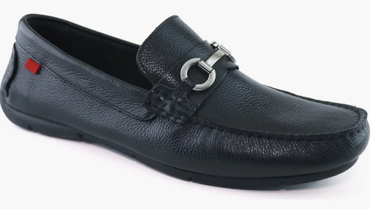 Black leather men's loafer with metal buckle detail and slip-on design on white background