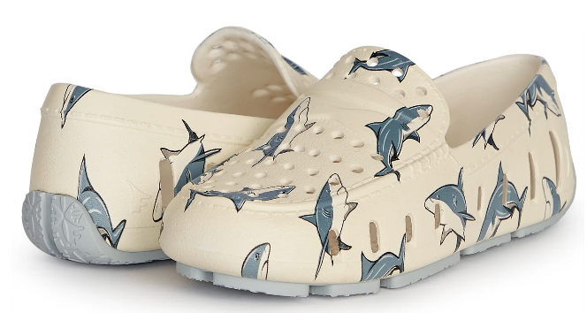 Floafers kids Prodigy driver shark print shoes in beige with breathable perforated waterproof foam slip-on design