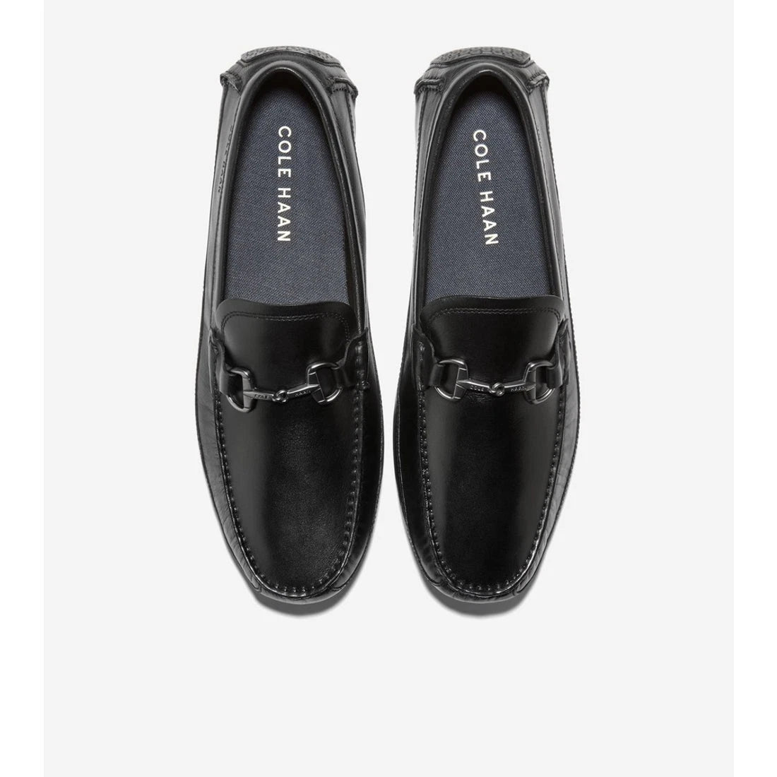 Top view of Cole Haan Hutchison Grand black loafers with polished bit hardware