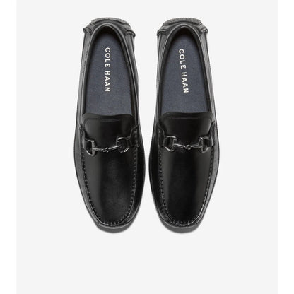 Top view of Cole Haan Hutchison Grand black loafers with polished bit hardware
