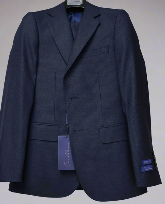 Cardeliano Mens Wool Blue On Navy Suit-Barleycorn Weave 