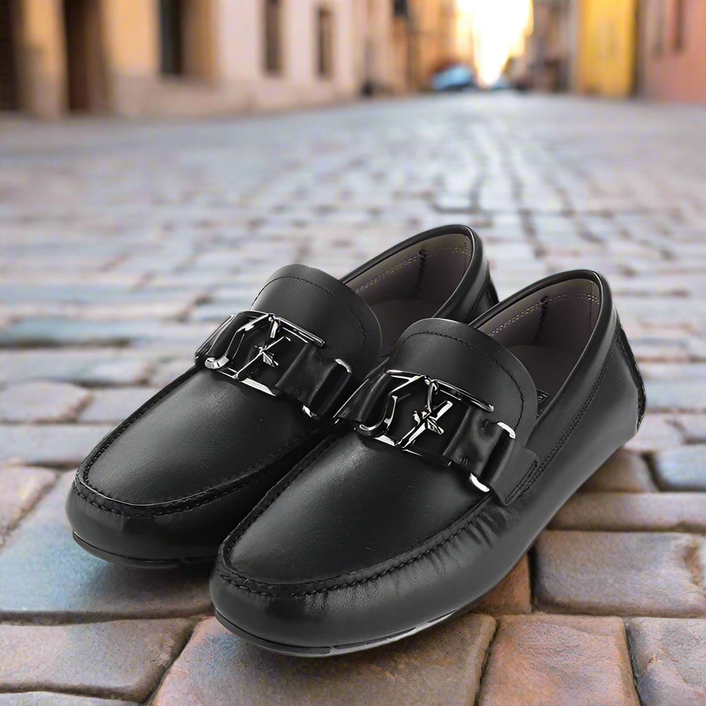 FERRAGAMO BLACK LEATHER SF LOGO PETER LOAFERS
