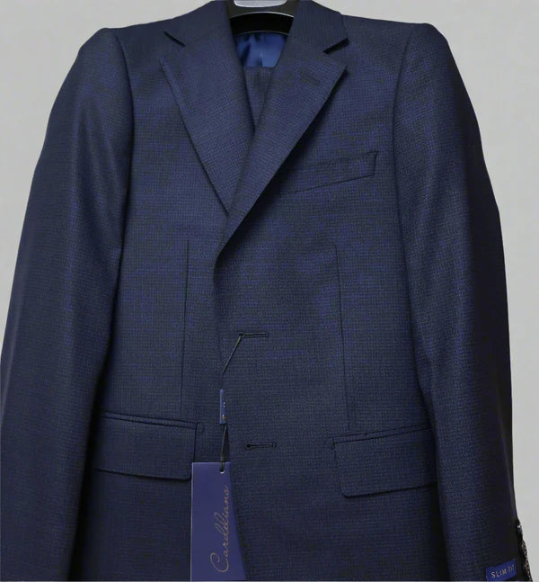 Cardeliano Mens Wool Blue On Navy Suit-Barleycorn Weave 