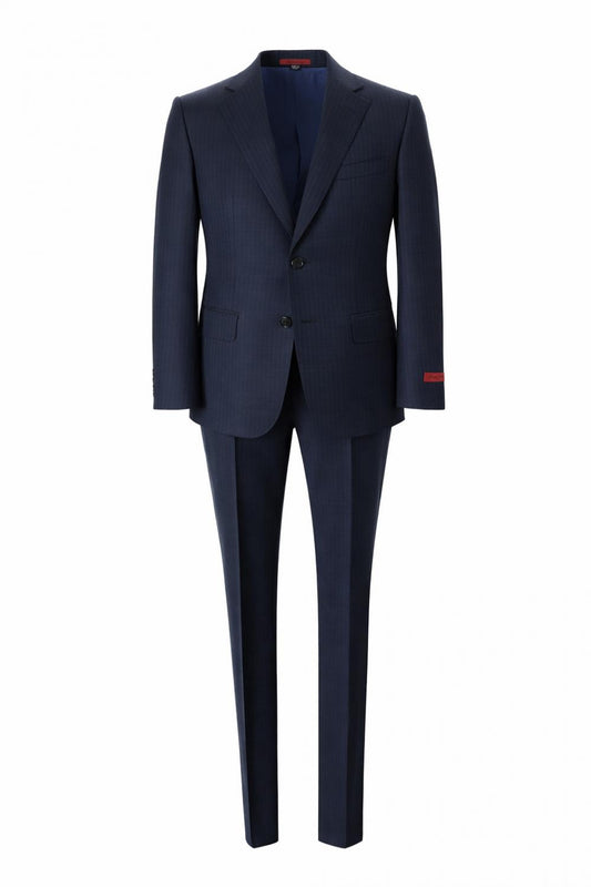 A dark navy blue two-piece suit with a subtle micro-check pattern, featuring a two-button blazer and matching trousers, displayed on a clean white background.