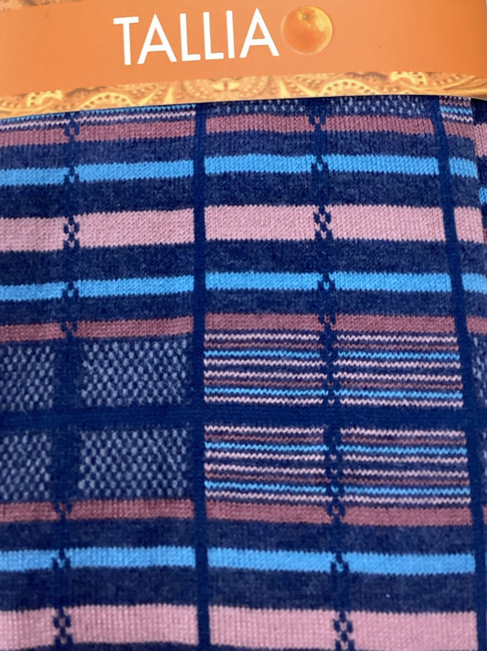 Plaid patterned product with 'TALLIA' branding on an orange label.