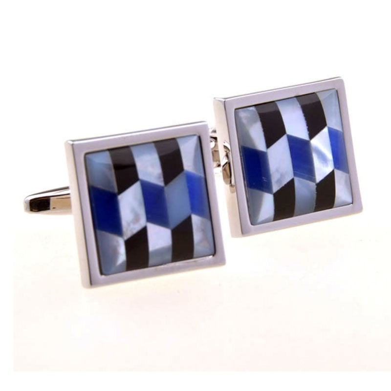 Silver square cufflinks with blue geometric glass pattern, modern multi-tone design with polished frame and swivel back closure